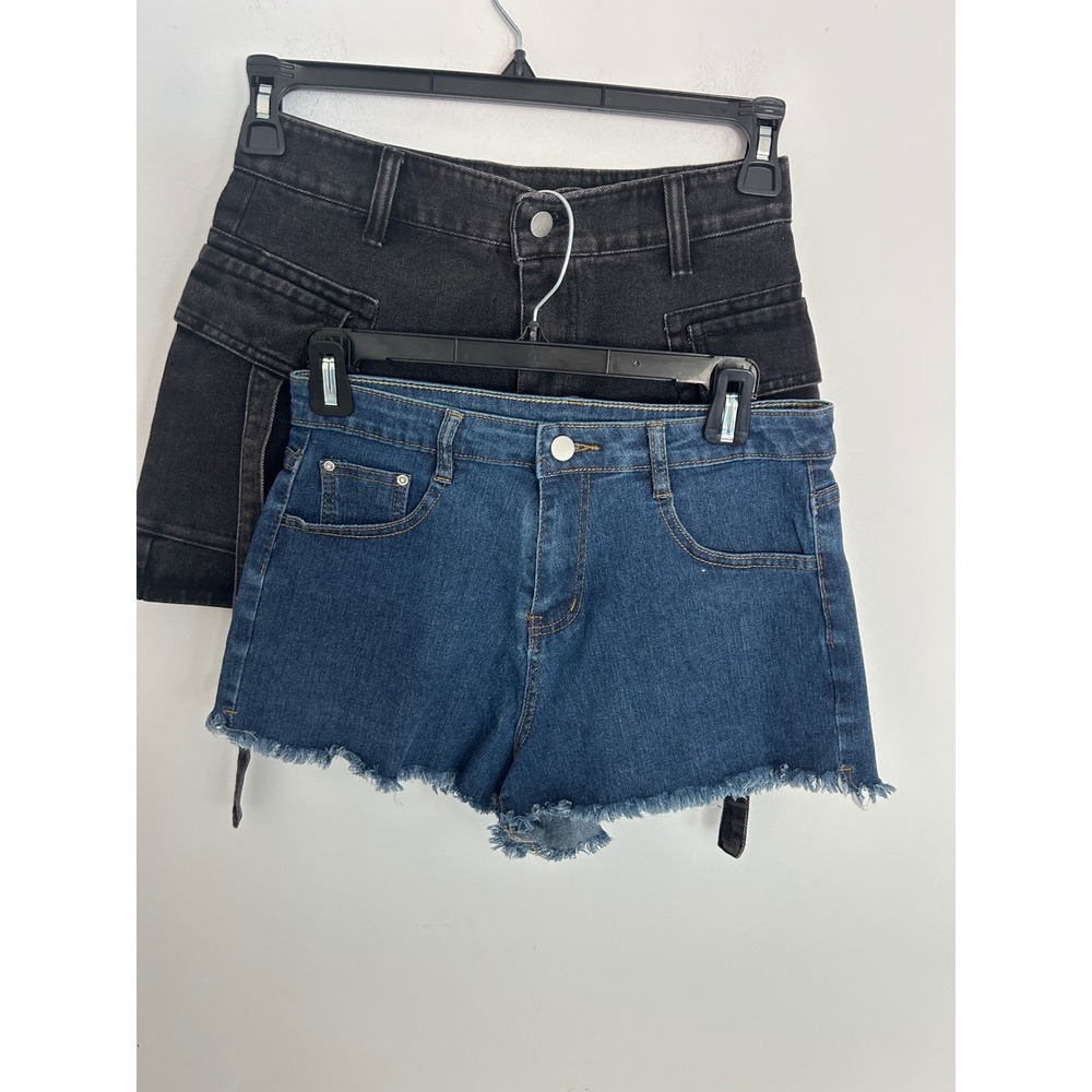 Lot of 2 Black Cargo Mini Skirt and Blue Raw Hem Denim Shorts Set Womens Small